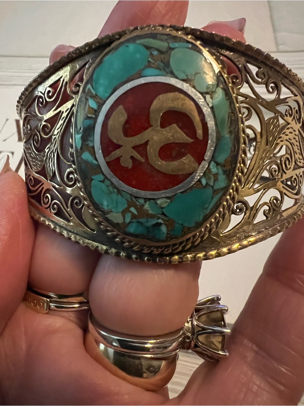 Vintage Tibetan Turquoise & Coral, Sterling & Brass Filigree Cuff Bracelet